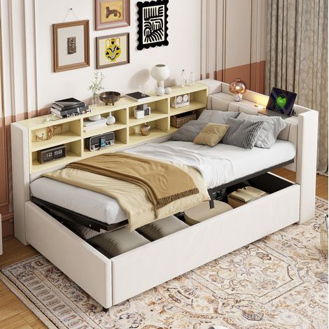 MEUBLIV Bettgestell 90x200 cm Beige – Stauraum und Kopfteil, ohne Matratze (1/5)