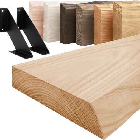 LAMO Manufaktur étagère murale en bois massif, irrégulier, étagère de rangement Vintage, bois naturel / équerre noire 160cm, LW-01-A-002-160VS