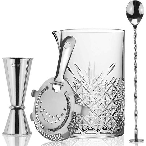Ensemble à cocktails 4 pièces en verre argenté, comprenant un verre à mélange de 700 ml, une passoire Hawthorne, un doseur japonais et une cuillère à mélange. (1/5)