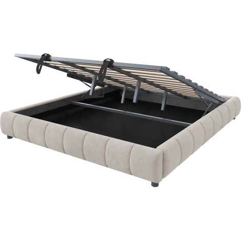 Lit coffre rembourré 180 x 200 cm beige sans tête de lit LED blanc, 300 kg (1/5)