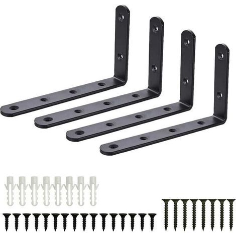 Équerres de Fixation, 4pcs Supports Angulaires Équerre Support Garage Mural en Acier Inoxydable Étagère, Equerre Murale Noir en Forme de L, DIY Industriel pour Meubles Décoration Connexion avec (1/5)