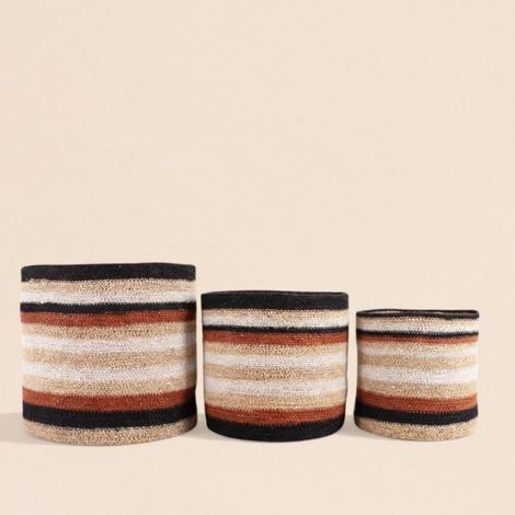 Set de 3 paniers rayé beige, marron en herbes marines (1/5)