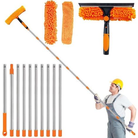 4.25M Nettoyeur de Vitre 3en1 Raclette Vitre,Lave Vitre Telescopique avec Raclette en Silicone et Brosse en Microfibres, (Orange) (1/5)