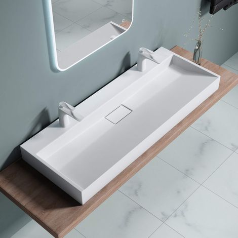doporro Lavabo da Appoggio Bagno Sospeso Lavandino Rettangolare in Marmoresina con Piletta di Scarico Inclusa Colossum19, 120x46x11 cm Bianco Opaco 2 Fori per Rubinetto