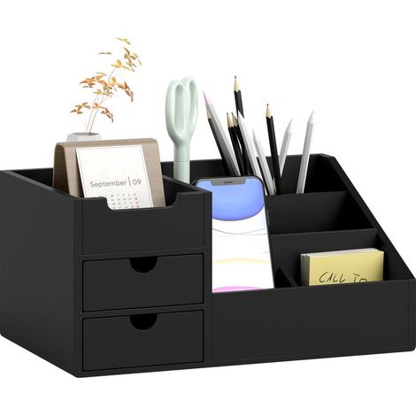 Kompakter Schreibtisch-Organizer – 7 Fächer, 2 Schubladen, Bambus – schwarz. (1/5)