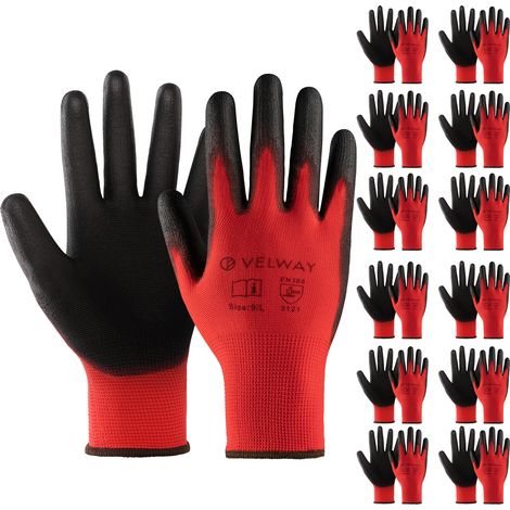 Velway Gants Travail 12 Paires - Revêtement PU Antidérapant Jardinage Bricolage - Rouge Taille 9 (1/5)