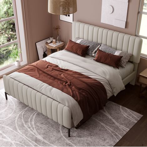 MODFU – Letto matrimoniale 140x190 cm in lino con testiera regolabile 3 posizioni, rete a doghe e carico 181 kg – Beige grigio chiaro (1/5)