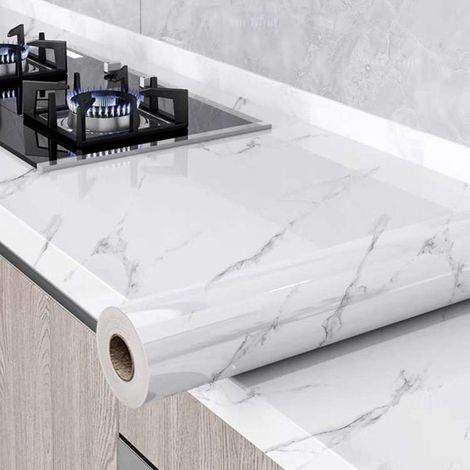 Papier Peint Film Rouleau Adhesif pour Meuble Cuisine Mural, Papier Autocollant pour Meuble Armoires Imperméable, Décoratif Revêtement Blanc Marbre Vinyle Tableaux Comptoirs 60× (1/5)
