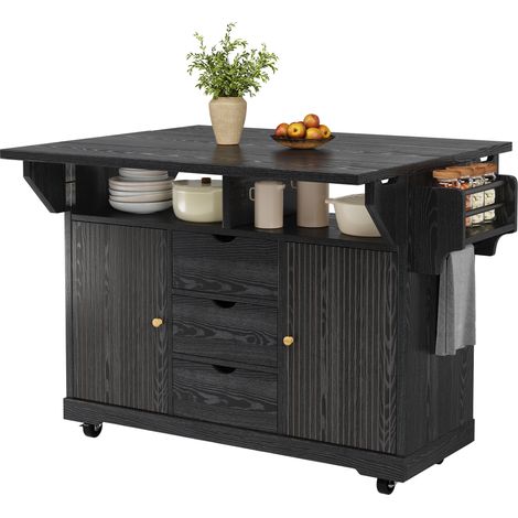 Chariot de cuisine mobile noir avec plateau extensible, 3 tiroirs, roulettes freinées, hauteur 95 cm, rangement pratique et design moderne CHICFURN (1/5)