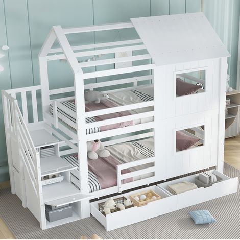 Lit superposé enfant 90x200 avec rangements blanc HAVRYA (1/5)