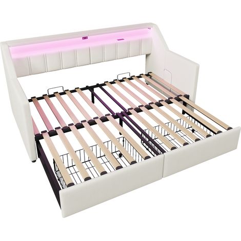 Tagesbett ausziehbar 90 x 200 cm aus Leinen und MDF mit USB Typ-C, LED, 2 Schubladen, beige MODENUIT (1/5)