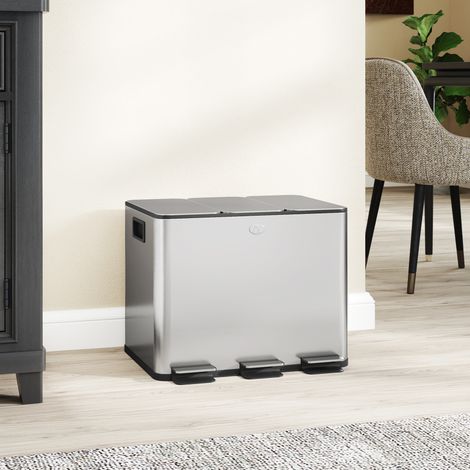 Pattumiera da cucina in acciaio inox con 3 scomparti (3 x 10 l), pedali, coperchi con chiusura ammortizzata e secchio rimovibile, colore argento.
