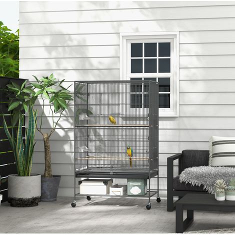 Vogelvoliere 94 x 57 x 153 cm grau mit Türen, Rollen und Ablagefach OKMYHOME (1/5)