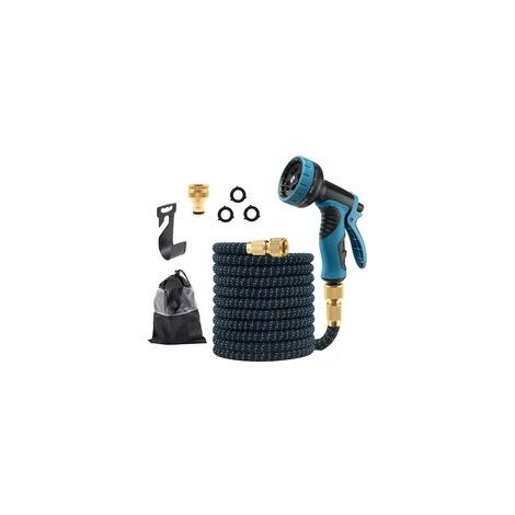 Tuyau d'arrosage extensible avec buse à 10 modes de pulvérisation, raccords en laiton, noir et bleu — Tuyau d'eau rétractable et léger avec sac de rangement7.5m- (1/5)