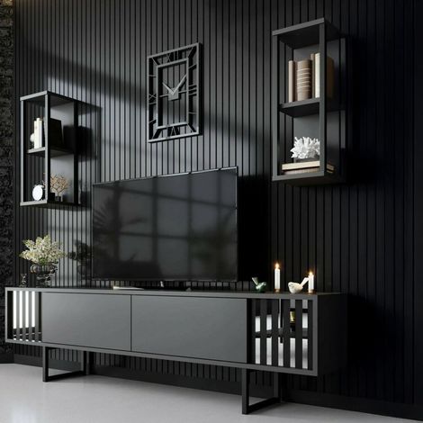 Dmora - Mueble de televisión Dfantin, Aparador de salón, Mueble bajo para TV, Base de pared equipada, 180x30h48 cm, Antracita y Negro (1/5)