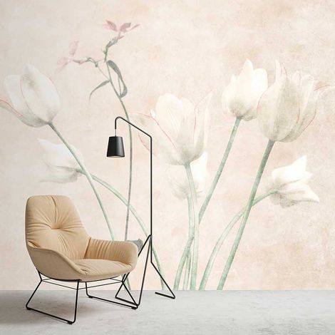 Papier peint panoramique salon floral rose clair Tapisserie panoramique cuisine motif fleur rose Papier peint panoramique vintage pastel (1/3)