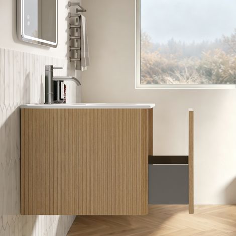 Plan vasque meuble bas petite salle de bain, vasque pierre reconstituée, design strié, meuble suspendu 60 cm, effet chêne naturel, prémonté (1/5)