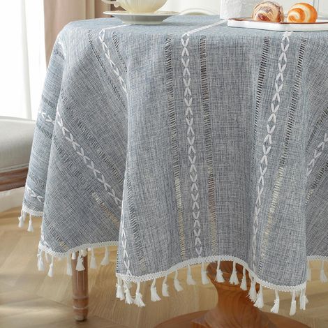 Nappe ronde 140cm avec pompons, aspect lin bohème, gris
