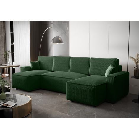 Canapé panoramique convertible AMBRI en velours côtelé – 6 places - 300 cm - Vert (1/5)