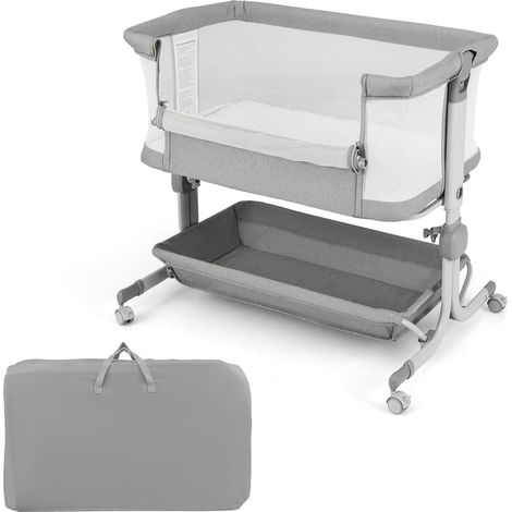 COSTWAY Cuna Colecho, Mini Cuna para Bebe con Altura Ajustable de 6 Niveles, Estante, Ruedas Bloqueables, Colchón y Bolsa de Transporte, Cuna Plegable (Gris Ligero)