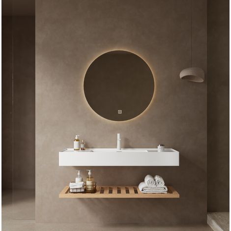 Conjunto de lavabo suspendido de resina blanca 120 cm con estante efecto madera (1/4)
