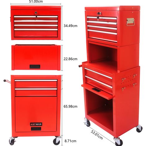Armoire à outils 6 tiroirs verrouillable à roulettes, système 2-en-1 démontable, acier rouge HAVRYA (1/5)