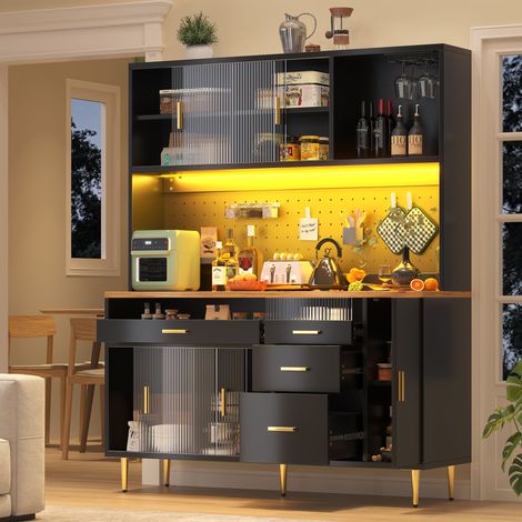 REDOM Mobile cucina alto 145x39x171 cm, credenza con 3 cassetti, luce LED e ante a vetro, in MDF, nero, per casa (1/5)