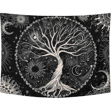 Tapisserie murale noire Arbre, Lune et Soleil, Tapisserie mandala psychédélique étoilée, Tapisserie hippie (1/4)