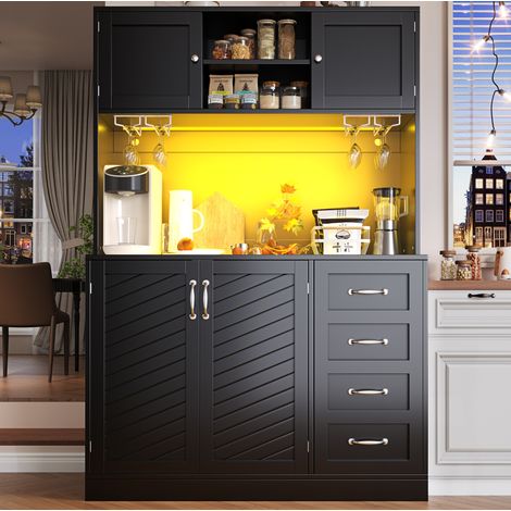 Credenza buffet in MDF nero 120x40x188 cm con LED, 4 ante, 2 cassetti e portabottiglie (1/5)
