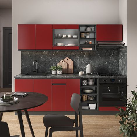 Mueble de cocina R-Line, Rojo/antracita, 240 cm Forma de J, Vicco (1/5)