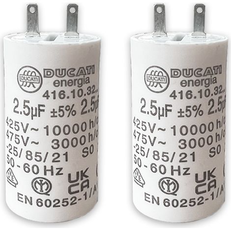 Condensateurs pour réparation de moteur de volet roulant SOMFY, SIMU - Condensateur cylindriques à 2 cosses Faston 2,8 - spécial remplacement - pour moteur de volet. - 2,5 uF - Lot de 2