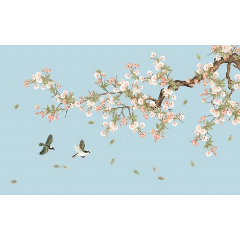 Papier peint panoramique - Fleurs Oiseaux - 130 cm x 81 cm (1/2)