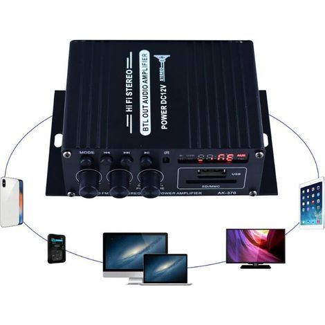 Amplificateur audio stéréo HiFi 400 W (2 x 200 W) pour voiture et maison, avec caisson de basses, Bluetooth, EDR et design LED. (1/4)