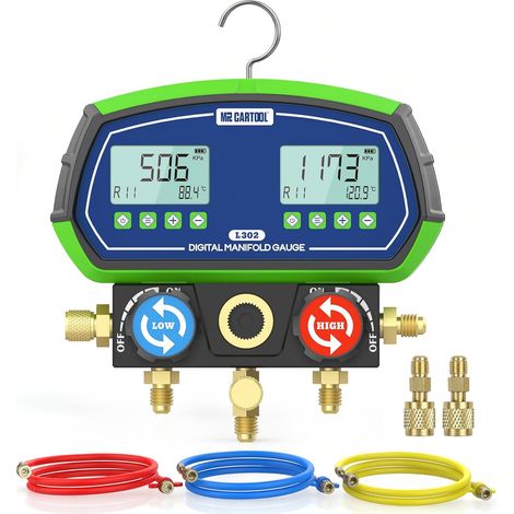 L302 Air Conditioning Pressure Gauge Car Digital Manifold Pressure Gauge Refrigeration Gauge with 3 Hoses 90 Refrigerant Fluids for Air Conditioning R32 R410A (1/5)