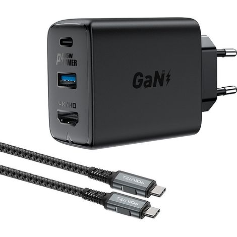 Caricabatterie da muro 2 in 1 con cavo USB-C + adattatore USB-C - HDMI 4K nero (1/5)