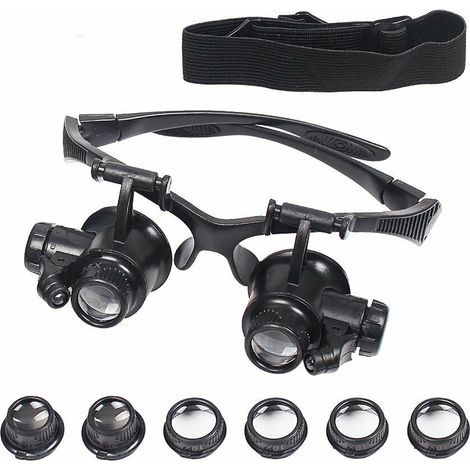 Lupa con iluminación LED, lupa de cabezal LED, gafas de precisión con 4 lentes extraíbles, para lectura, fabricación de joyas, costura, proyectos de bricolaje, aumentos de 10X, 15X, 20X y 25X. (1/5)