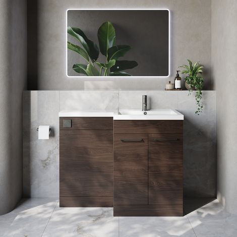 Napoli 460 Brown Oak 1100mm 2 Door Vanity Unit Toilet Suite with Right Hand Square Lucia Basin - 1100mm - Gunmetal Grey 160mm HandleWithout Kingston Toilet Pan