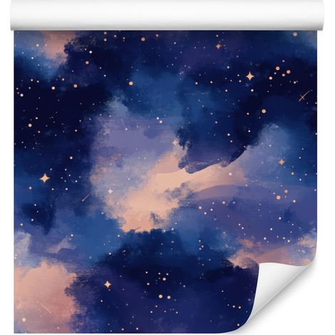Papel pintado de galaxia en acuarela, azul marino, fondo violeta, 50x1000 cm. (1/5)