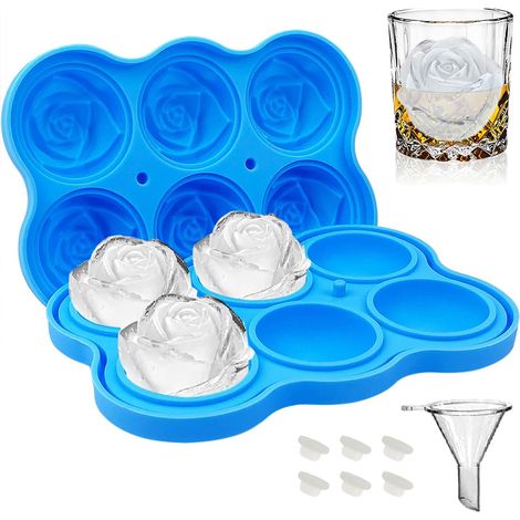 Moule à glaçons en forme de rose avec entonnoir et bouchons, 6 cavités, idéal pour cocktails à base de whisky et jus de bourbon, 5 cm de diamètre, bleu.