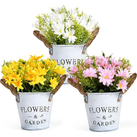 3 pcs Artificial Flowers Indoor Artificial Flowers with Artificial Metal Pot Plant Decoration for Wedding Outdoor Office Table Garden New Home Gift, Daisy (1/5)