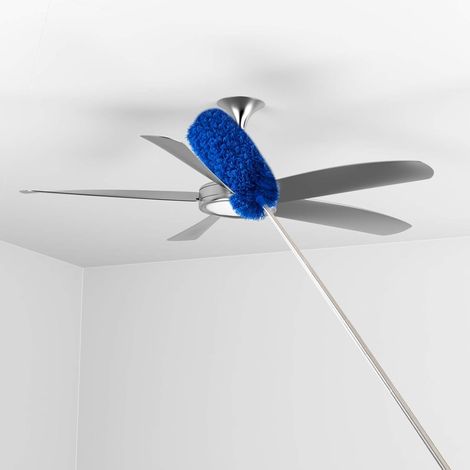 Dépoussiéreur avec manche télescopique en aluminium, lavable, 2 têtes, brosse pour les coins. Pour ventilateurs de plafond (bleu). (1/5)