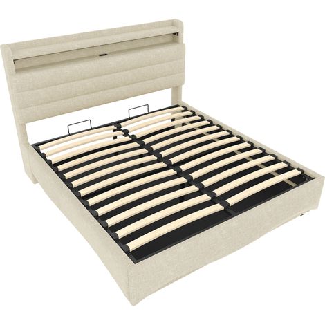 Polsterbett mit Stauraum 140 x 200 cm beige, LED, USB-C und Hydraulikmechanismus (1/5)
