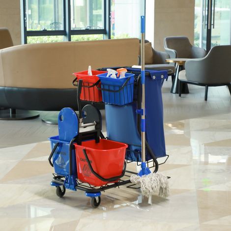 Carro de limpieza profesional con bolsa de basura, 2 cubos para fregona de 18 L, 2 cubos de almacenamiento de 6 L, escurridor de fregona, gancho y ruedas para hoteles y posadas, 93 x 80 x 97 cm, rojo. (1/5)