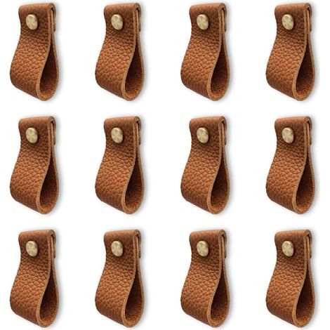 Ensemble de 12 poignées de meubles en cuir marron, poignées de porte de cuisine, poignées de porte avec vis et écrous, poignées anti-collision pour armoires (1/4)