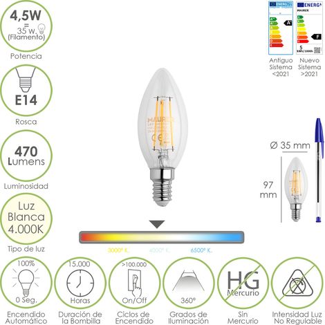 Bombilla Led Filamento Vela Rosca E14. 4,5 Watt. Equivale A 35 Watt. 470 Lumenes. Luz Neutra 4000º K.