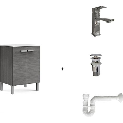 Solution complète Comprenant : Meuble de Salle de Bain, lavabo en céramique, Robinet, Siphon Extensible et bonde de vidange. Meuble monté. Livraison Tout-en-Un. 2 Portes sans Miroir 60 cm (1/5)