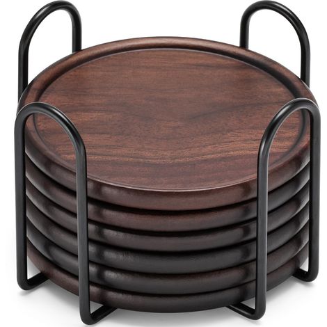 Dessous de verre en noyer avec 6 sous-verres en bois avec support, 100 % naturel et biologique pour table de bureau (1/5)