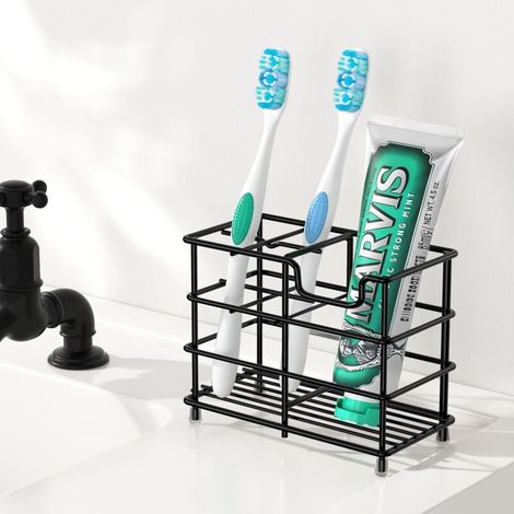Petit porte-brosse à dents pour salle de bain, 5 fentes, organisateur d'accessoires de salle de bain en acier inoxydable noir pour petits espaces (1/3)