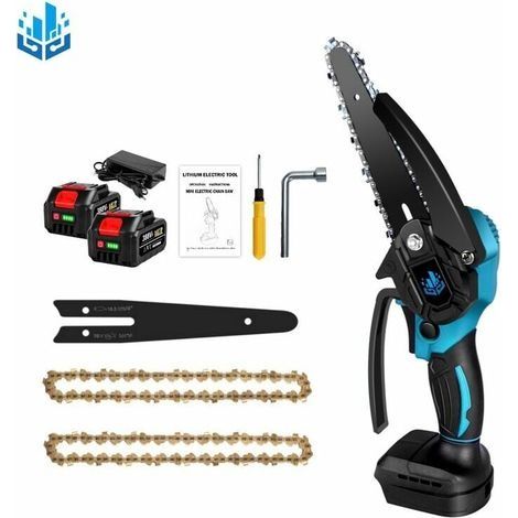 Tronçonneuse à batterie Scie à chaîne électroportative 1200W , Mini tronçonneuse électrique sans fil 6 pouces pour Makita 18V - Vitesse réglable pour la coupe du bois - Bleu avec 2 batteries