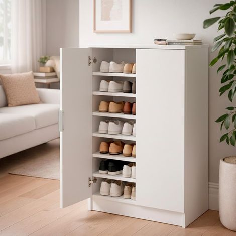 Armadio Multiuso 2 Ante Scarpiera Salvaspazio Con 6 Ripiani Estraibili Mobile Porta Scarpe Ingresso Corridoio Camera Ripostiglio Design Moderno Minimal 108 x 55 x 39.6 Cm Colore Rovere - Colore: Bianc (1/5)